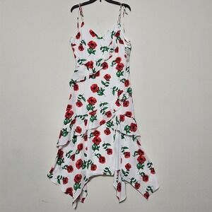 IN San Francisco Dress Aline Large Fits 12 White Red Rose Floral Sleeveless 0852